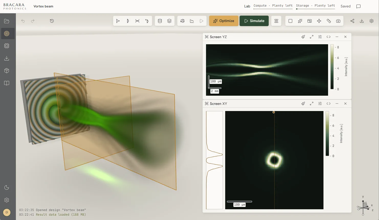 Bracara Studio with a vortex beam design: the phase plate and the propagated beam in 3D, and the ring-shaped focus on the screen views.